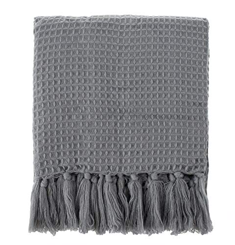 Fennco Styles Classic Waffle Weave Tassel Trim 50 x 60 Inch Throw - Grey Throw Blanket for Couch, Bedroom and Living Room Décor