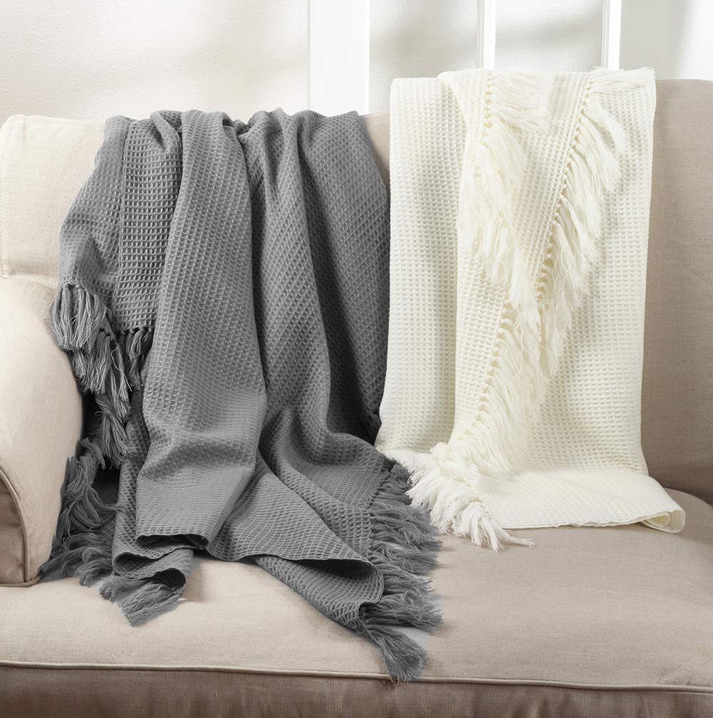 Fennco Styles Classic Waffle Weave Tassel Trim 50 x 60 Inch Throw - Grey Throw Blanket for Couch, Bedroom and Living Room Décor