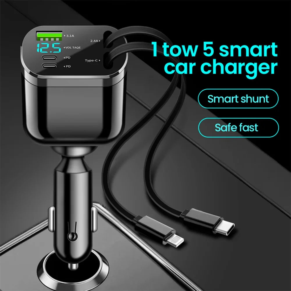 Elough 5 IN 1 Car Charger Retractable USB C to Lightning Cable 2 Type C Port Car USB Charger For IPhone Phone Adapter Compatible
