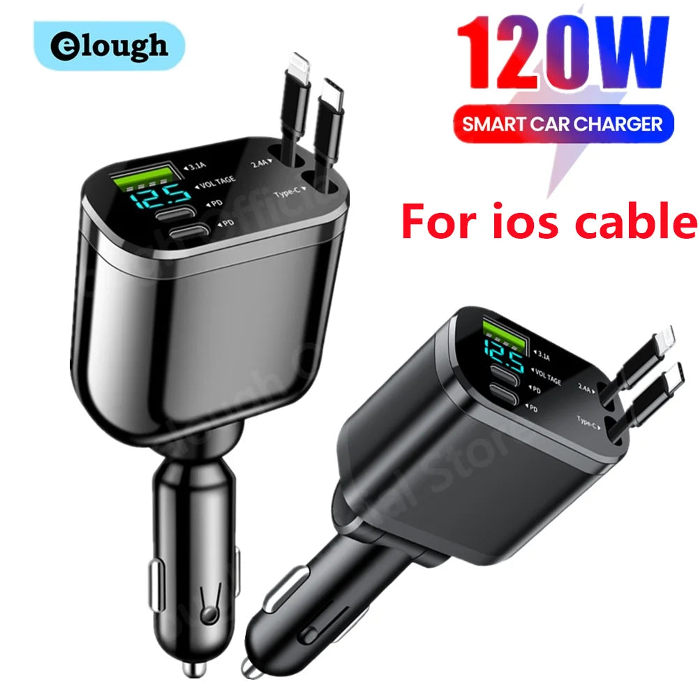 Elough 5 IN 1 Car Charger Retractable USB C to Lightning Cable 2 Type C Port Car USB Charger For IPhone Phone Adapter Compatible